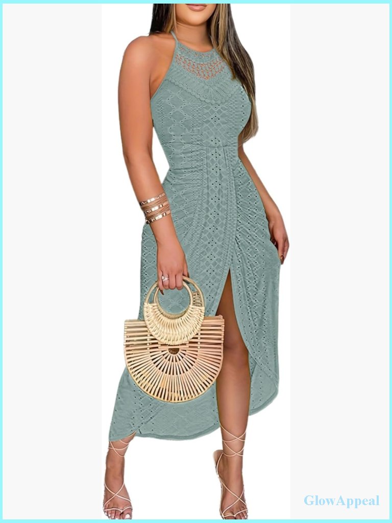 Halter A-Line Dress With Eyelet Embroidery & Side Slit